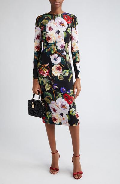 Dolce&Gabbana Dolce&Gabbana Floral Print Long Sleeve Charmeuse Sheath Dress