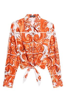 Dolce&Gabbana Dolce&Gabbana Majolica Print Tie Front Cotton Poplin Button-Up Shirt
