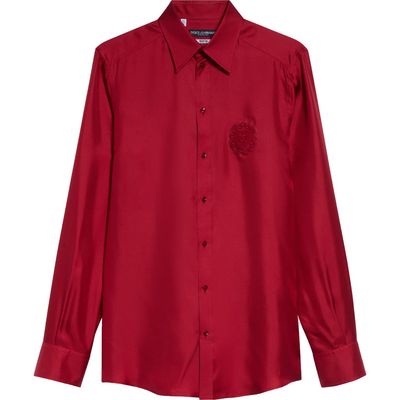 Dolce&Gabbana Dolce&Gabbana Martini Fit Embroidered Crest Silk Twill Button-Up Shirt