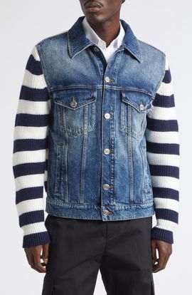 Dolce&Gabbana Dolce&Gabbana Mixed Media Stripe Wool & Cotton Denim Cardigan Jacket
