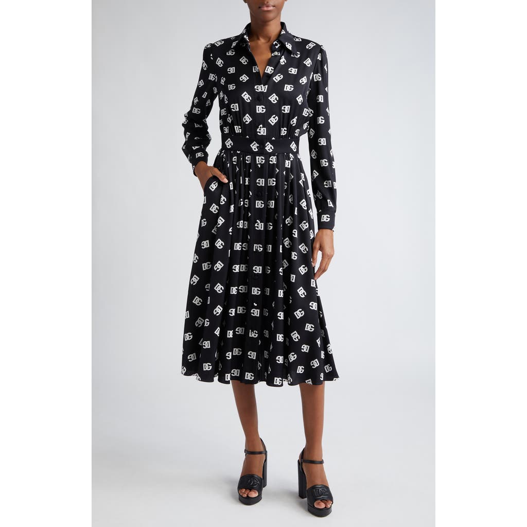 Dolce&Gabbana Dolce&Gabbana Pleated Monogram Logo Long Sleeve Stretch Silk Charmeuse Midi Dress