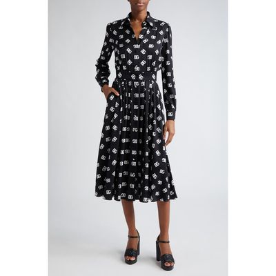 Dolce&Gabbana Dolce&Gabbana Pleated Monogram Logo Long Sleeve Stretch Silk Charmeuse Midi Dress