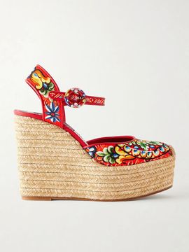 DOLCE&GABBANA Printed leather-trimmed canvas wedge sandals