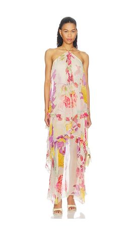 Donde Esteban Donde Esteban Flores Silk Chiffon Long Halter Dress