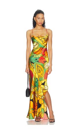 Donde Esteban Donde Esteban Frutas Silk Satin Long Dress