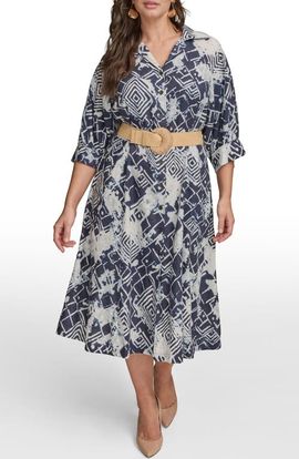 chinese dress ladies Donna Karan Women's Plus Size Abstract Belted Midi Shirt Dress in Ink Multi, Size 22W, Viscose