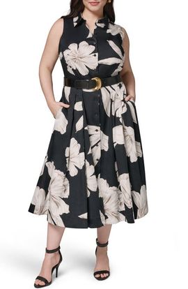 DONNA KARAN DONNA KARAN Floral Sleeveless Stretch Cotton Shirtdress