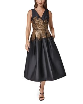 Donna Karan New York Donna Karan New York Metallic Jacquard V Neck Midi Dress