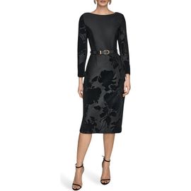 Donna Karan New York Donna Karan New York Velvet Floral Belted Long Sleeve Sheath Dress