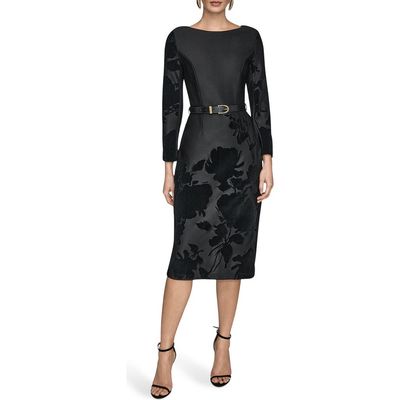 Donna Karan New York Donna Karan New York Velvet Floral Belted Long Sleeve Sheath Dress