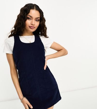 Don't Think Twice DTT Petite Dawn cord pinafore dress with zip back in navy