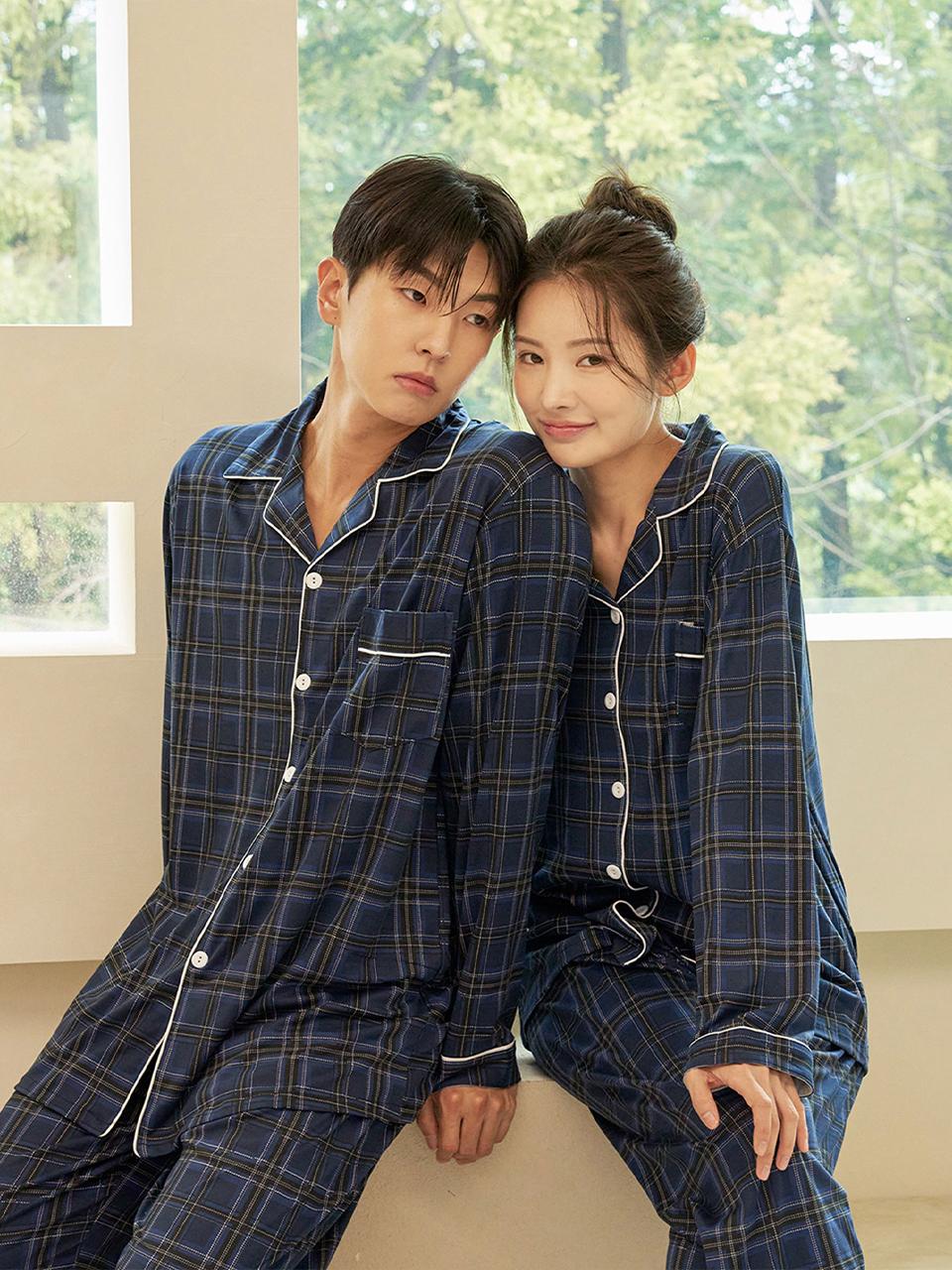 DOSSY Tartan Collar Long-Sleeved Couple Pajamas Set
