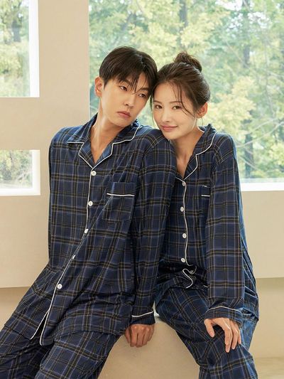 DOSSY Tartan Collar Long-Sleeved Couple Pajamas Set