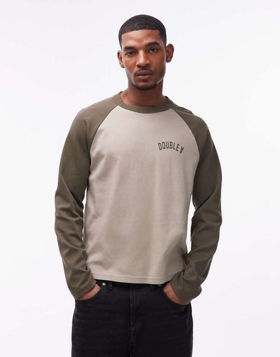 Double A by Wood Wood Double A By Wood Wood 100% cotton long sleeve logo raglan t-shirt in beige & khaki green-Multi
