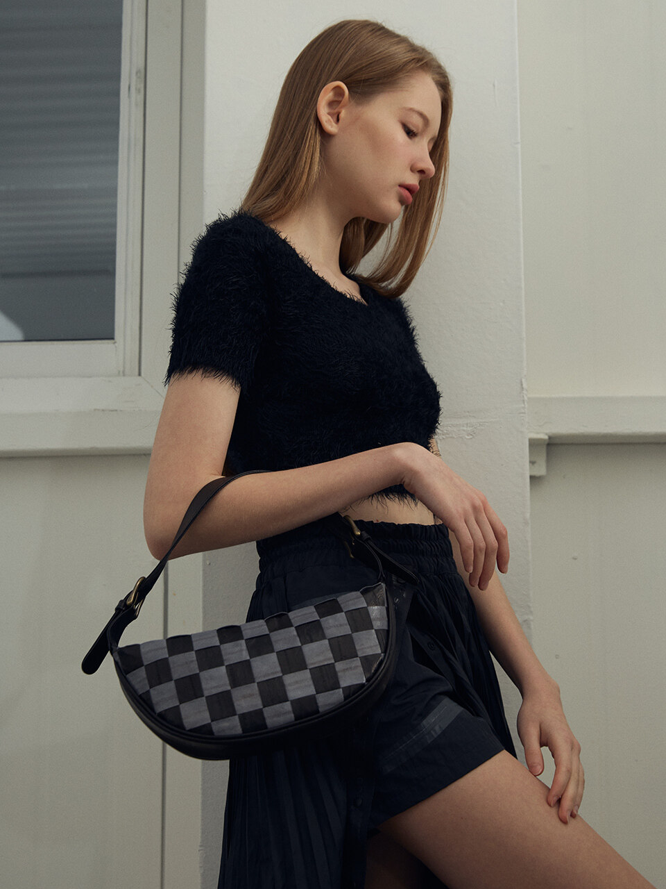 doublequotes Croissant Shoulder Bag - Checkered Black