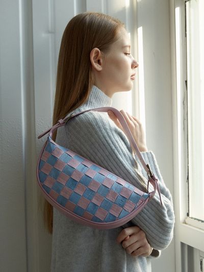 doublequotes Croissant Shoulder Bag - Checkered Pink Skies