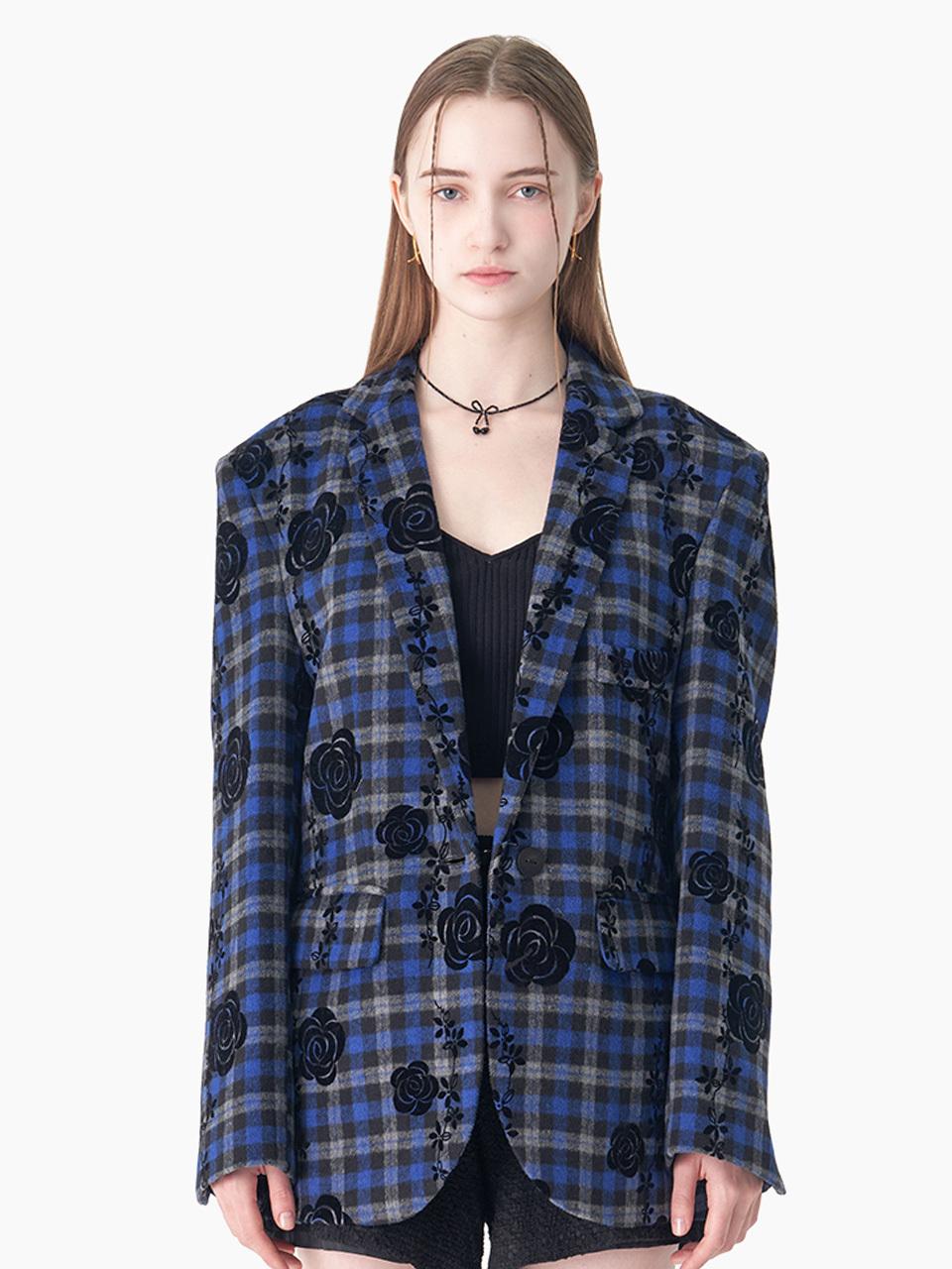 DOupWN Velvet Flower Pattern Oversized Blazer [NAVY]