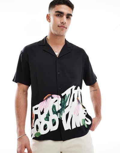 Dr Denim Dr Denim Madi short sleeve relaxed fit resort shirt in black floral times