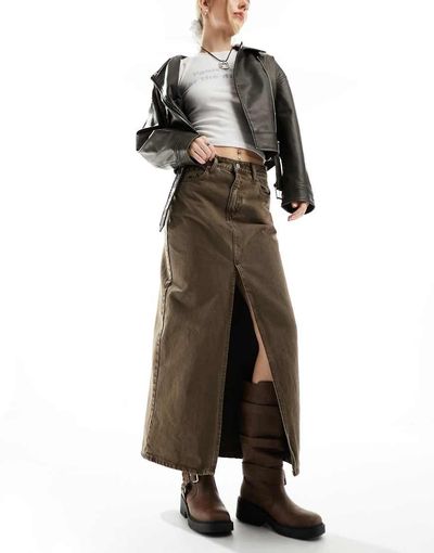 Dr Denim Dr Denim Myra maxi denim skirt with front split in washed coffee-Brown