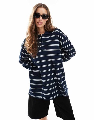 Dr Denim Dr Denim Reno polo relaxed fit long sleeve top in navy and white stripe