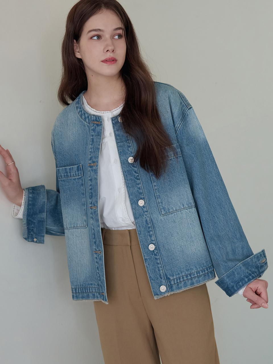 DRAWFIT WOMEN Low Edge Crew Neck Denim Jacket [2 COLORS]