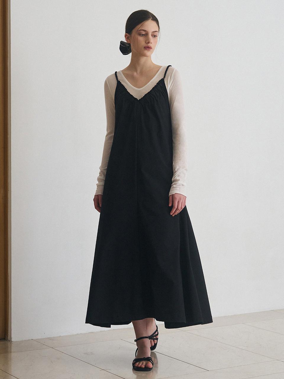 DRAWFIT WOMEN Shirring String Layered V-neck Sleeveless Dress [BLACK]