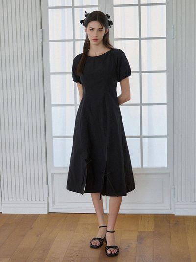 DRAWFIT WOMEN Volume Sleeve Ribbon Dress_Black