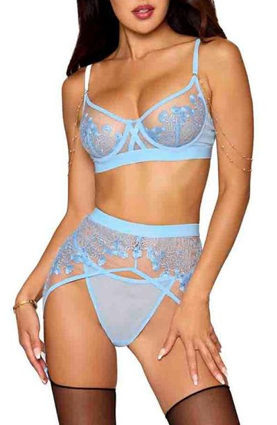 Dreamgirl Dreamgirl Floral Embroidered Bra, Garter Belt & G-String Set