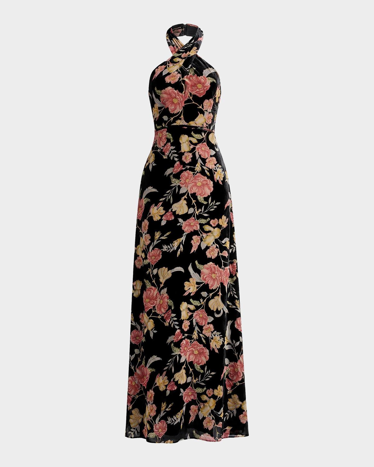 Dress the Population Black Label Brighton Velvet Floral Halter Maxi Dress