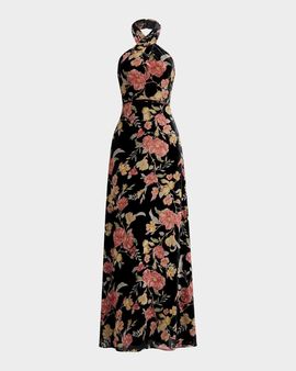 Dress the Population Black Label Brighton Velvet Floral Halter Maxi Dress
