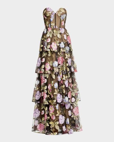 Dress the Population Black Label Layana Strapless Tiered Floral Sequin Gown