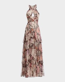 Dress the Population Black Label Maya Floral Tiered Halter Maxi Dress