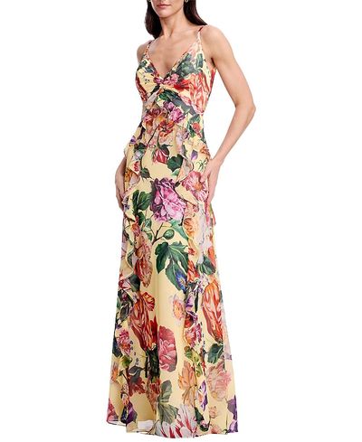 Dress The Population Dress the Population Jayden V-Neck Floral Print Cascade Ruffle Gown