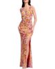 Dress The Population Dress the Population Jordan Plunge Neck Floral Print Ruched High Slit Gown - 1