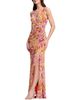 Dress The Population Dress the Population Jordan Plunge Neck Floral Print Ruched High Slit Gown - 2