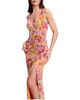 Dress The Population Dress the Population Jordan Plunge Neck Floral Print Ruched High Slit Gown - 3