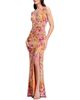 Dress The Population Dress the Population Jordan Plunge Neck Floral Print Ruched High Slit Gown - 6