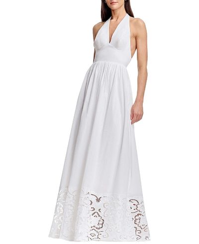 Dress The Population Dress the Population Nessie Halter Plunge V-Neck Lace Trim A-Line Gown