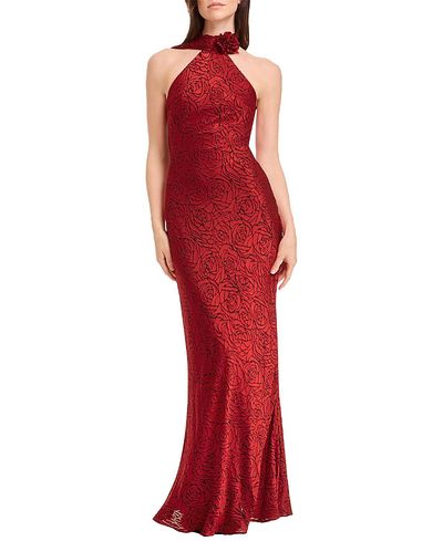 Dress The Population Dress the Population Olivia Halter High Neck Rose Print Rosette Gown