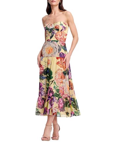 Dress The Population Dress the Population Prescott Strapless Sweetheart Floral Print Tiered Midi Dress