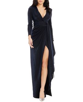 Dress The Population Dress the Population Shania Long Sleeve V-Neck Metallic Wrap High Slit Gown