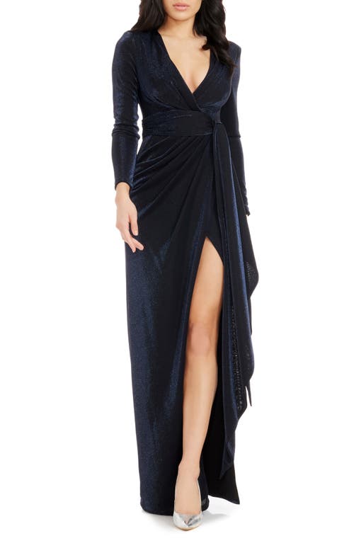 Dress the Population Dress the Population Shania Metallic Wrap Front Long Sleeve Gown