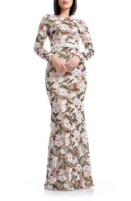 Dress the Population Dress the Population Tamra Sequin Embroidered Long Sleeve Mermaid Gown