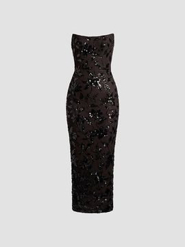 Dress The Population Women's Cosette Floral Sequin Strapless Midi Dress