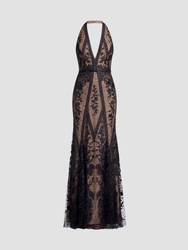 Dress The Population Women's Devin Floral Lace Halter Mermaid Maxi Dress
