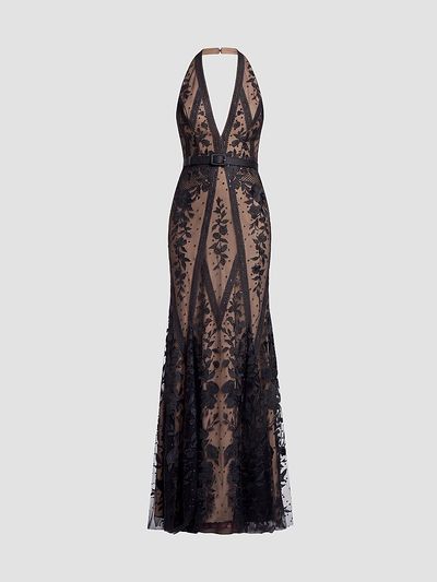Dress The Population Women's Devin Floral Lace Halter Mermaid Maxi Dress