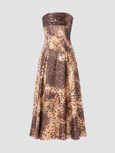 Dress The Population Women's Miranda Leopard-Print Sequin-Trim Satin Midi Dress
