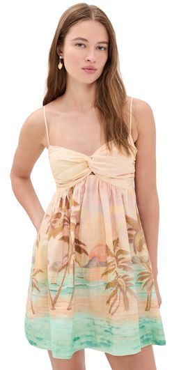 Dress To Dress To Beige Tropical Ruched Neckline Mini Dress Beige Tropical