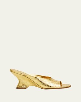 Dries Van Noten 75mm Croc-Embossed Metallic Leather Wedge Mules