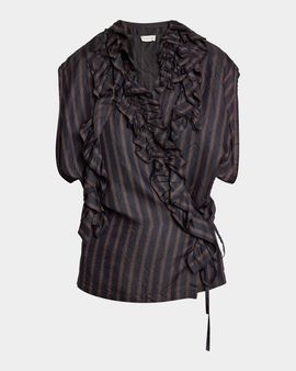Dries Van Noten Clematis Striped Ruffle Cap-Sleeve Wrap Top